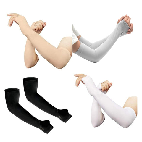 TENDSY Arm Sleeve Cooling or Warmer Sleeves UV Protection for Men Women Kids Sunblock Protective with Thumb Hole for Biking Gardening Fishing Hiking Running - Pack of 4 -Black, Grey, Skin and White
