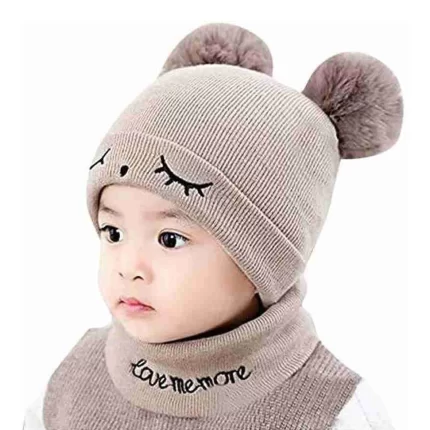 a baby wearing a brown beanie hat and scarf set perfect for winters from TENDSY