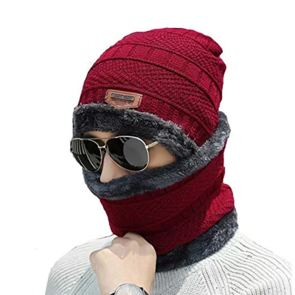 a man wearing red winter beanie hat and woolen scarf from TENDSY