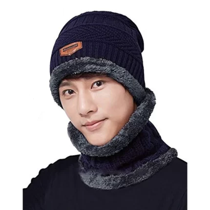 a man wearing blue winter beanie hat and woolen scarf from TENDSY