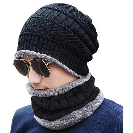 a man wearing black winter beanie hat and woolen scarf from TENDSY