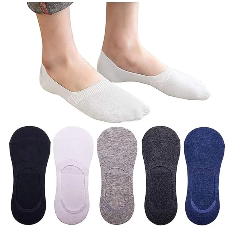 feet wearing white no-show socks, with five pairs laid out in black, white, light gray, dark gray, and navy blue - quality, comfortable, style