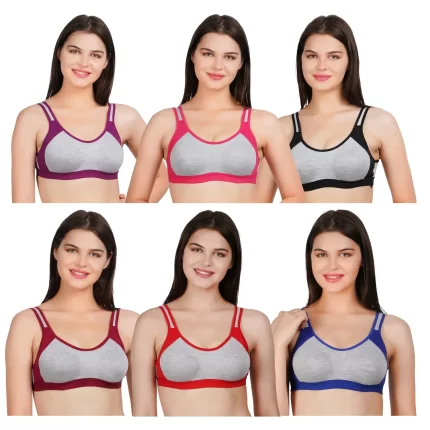 non-padded full coverage sports bras in a pack of six, featuring multicolor options including purple, pink, black, maroon, red, and blue with grey bases