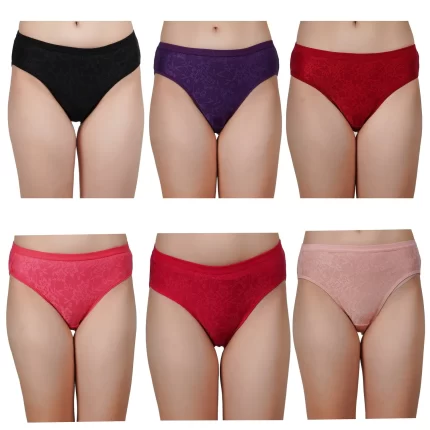 6 pairs of women's hipster panties in various colors, showcasing stretch net fabric and stylish design