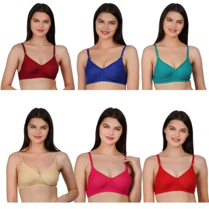 pack of six colorful women's wirefree bra tops, featuring adjustable straps and made from soft, stretch cotton.